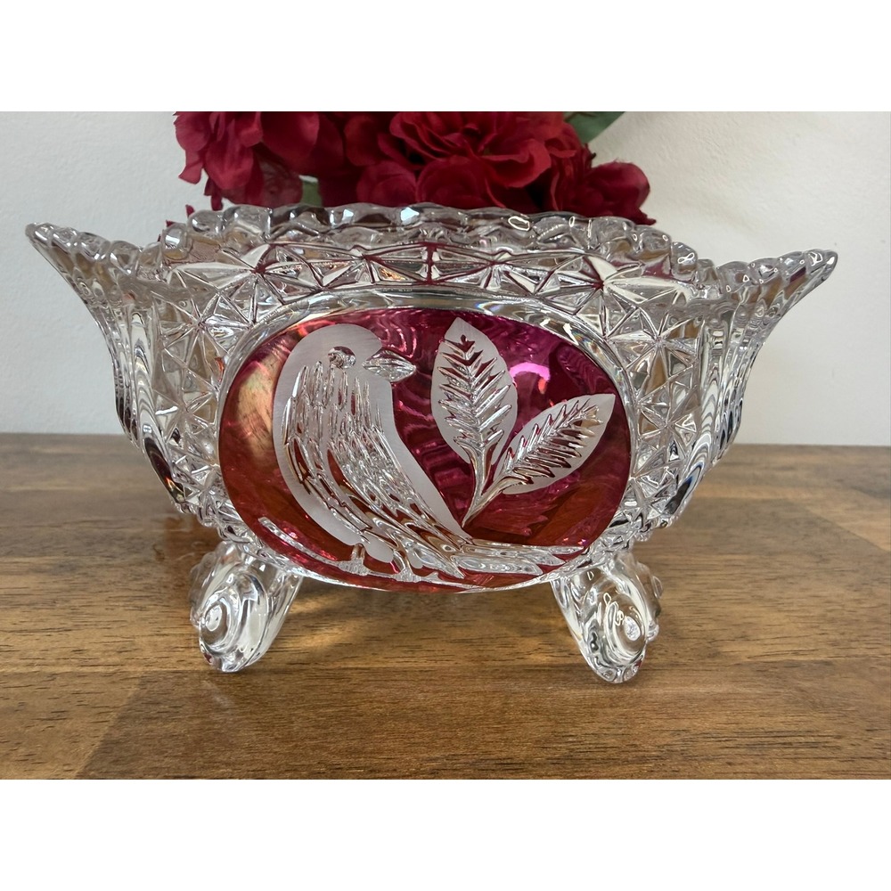 Vintage Hofbauer Byrdes Ruby Flash Crystal Bird Footed Bowl Lead Crystal Candy